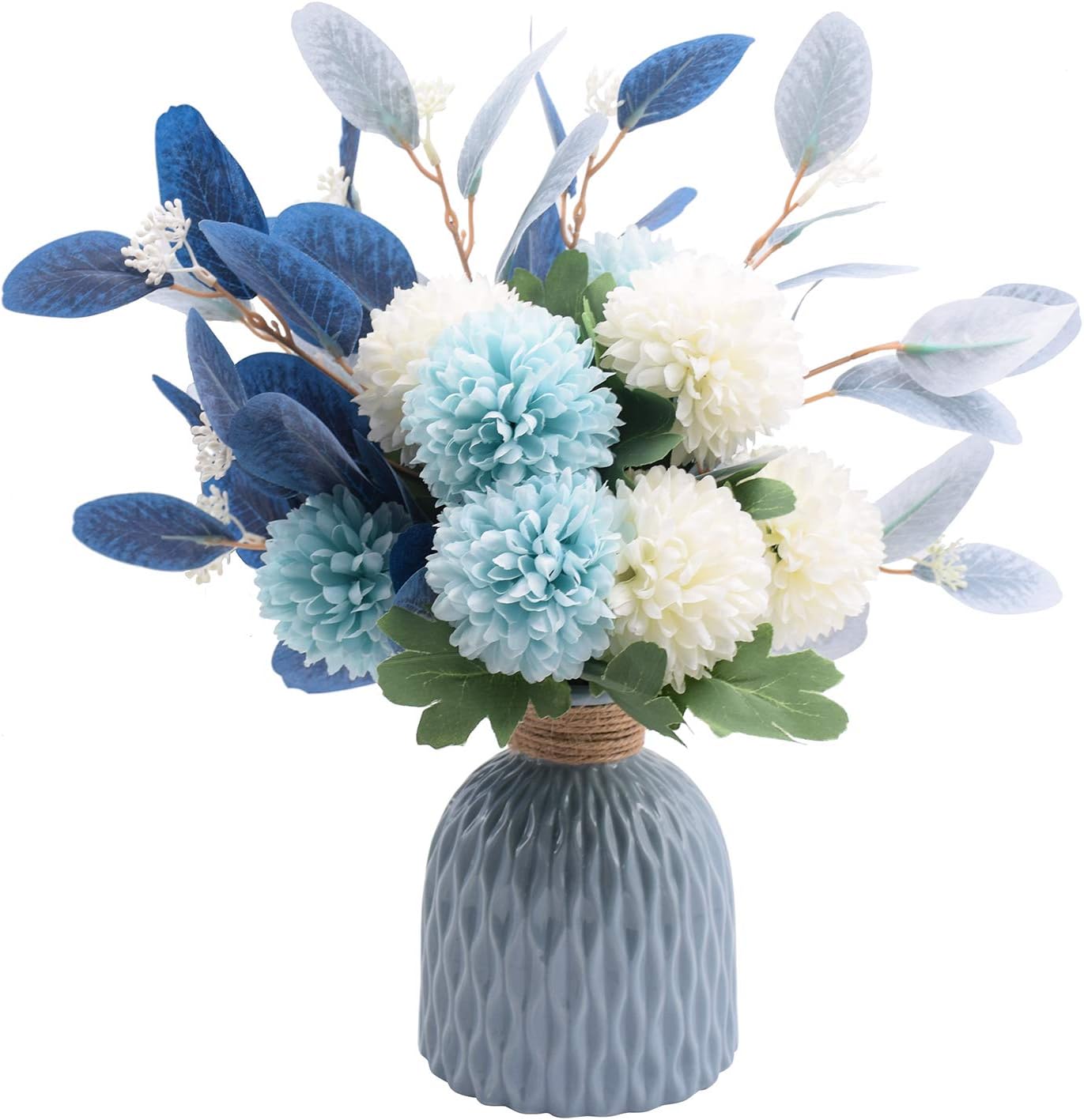 Flowerart Artificial Flowers with Ceramic Vase, Blue Hydrangea Silk Flowers for Decoration, Wedding Party Home Decor