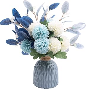 Flowerart Artificial Flowers with Ceramic Vase, Blue Hydrangea Silk Flowers for Decoration, Wedding Party Home Decor