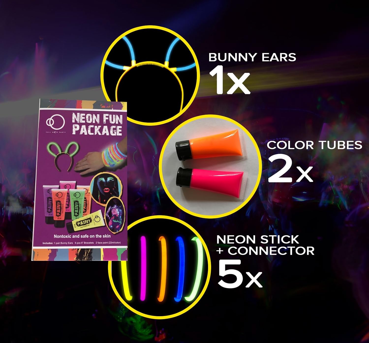 NEON PARTY ACCESSORIES 2x Colour Tubes (22ml), 5x Glow Sticks with