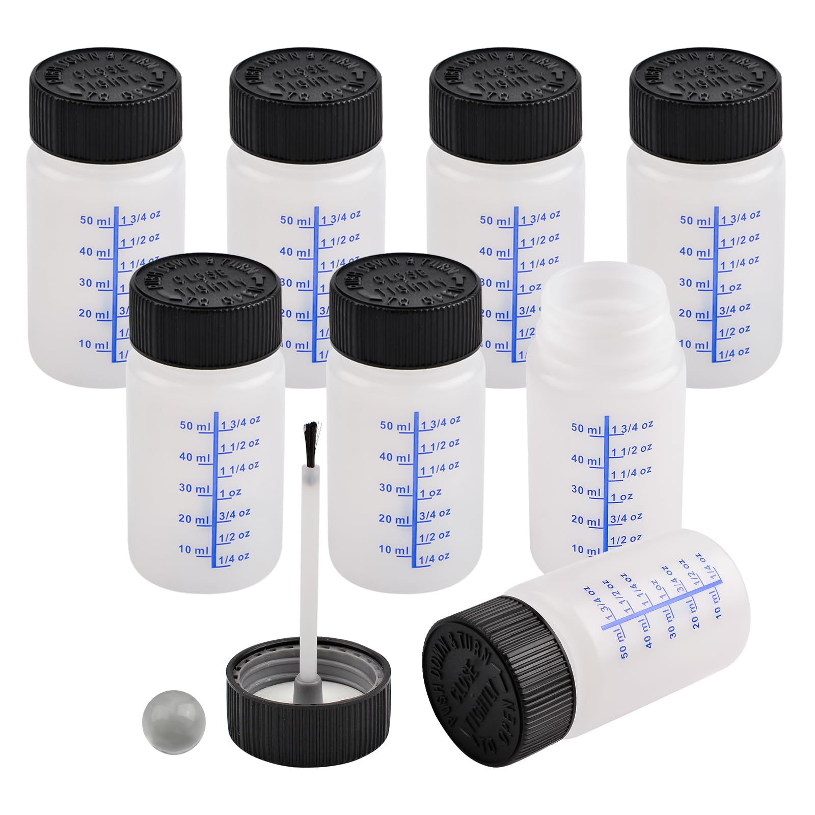 WANDIC Paint Touch Up Bottles with Brush and Mixing Ball, 8 Pcs Touchup Paint Applicator Bottle for Car, Model and Hobby Painting - 60 ml Liquid Capacity