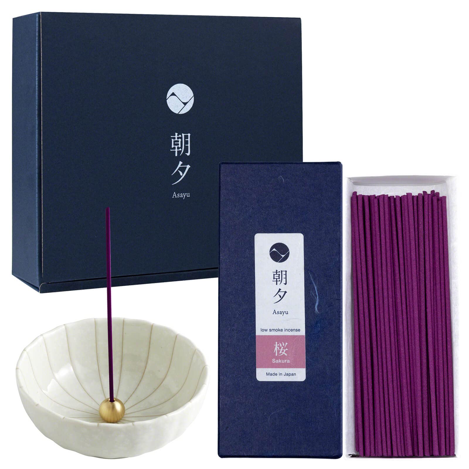 Asayu Japan Low Smoke Incense Gift Set with Incense Holder and Brass Stand, Agarwood Incense Sticks with Zen Ceramic Incense Holder, Made in Japan (Sakura + White Lotus Holder)