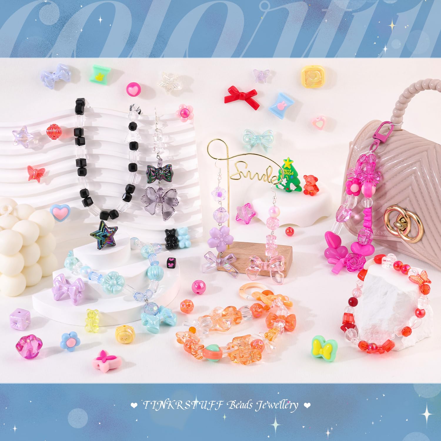 TINKRSTUFF Assorted Acrylic Beads, 400-450PCS 6 Mixed Colors Cute Beads for Bracelet Making, Aesthetic GummyBear Bow Flower Butterfly Kawaii Charms for Jewelry Making DIY Necklace Keychain Phone Charm