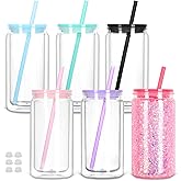 Tswofia 16 Oz Plastic Snow Globe Tumbler with Lid and Straw, 6 Pack Double Wall Pre Drilled Plastic Mason Jar Cups Can for Snow Globe Glitter DIY Gift(Mixed Colors)