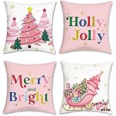 COZZSNUGE Pink Christmas Throw Pillow Covers, Sleigh Christmas Tree Reindeer Snowflakes Velvet Decorative Pillowcases for Sofa Bed Home Patio Set of 4, 18 x 18 Inches