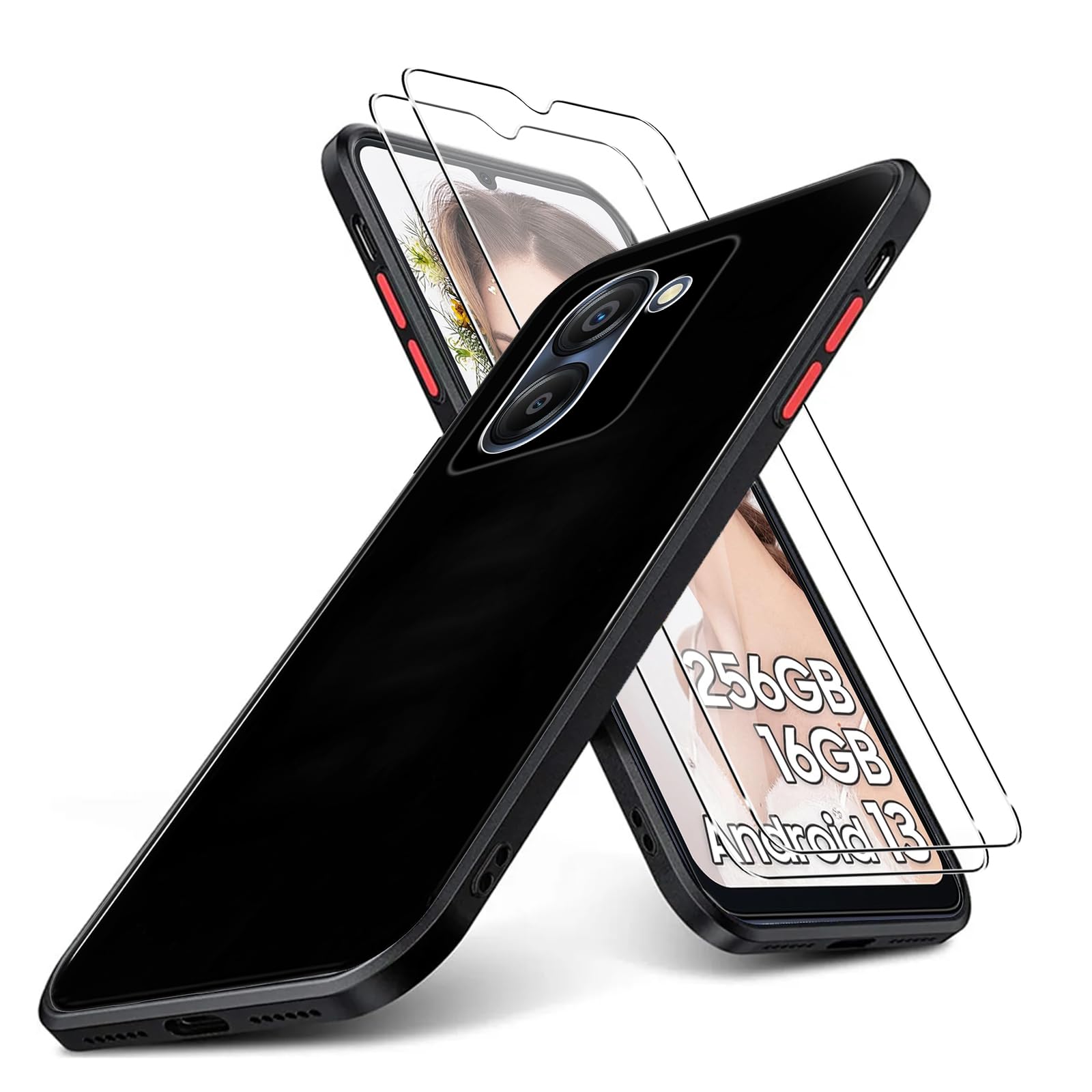 KUSINHOKA Case Compatible with OSCAL Modern 8/Blackview Color 8 + 2 Pack Screen Protector Tempered Glass,Anti Scratch,Drop Protection,Non Slip Soft TPU Thin Full Body Protective Phone Cover,Black