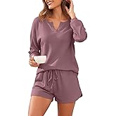 PrinStory Pajamas Set for Women Waffle Knit Lounge Set 2 Piece Outfits Matching Sets Loungewear Sweatsuit with Pockets