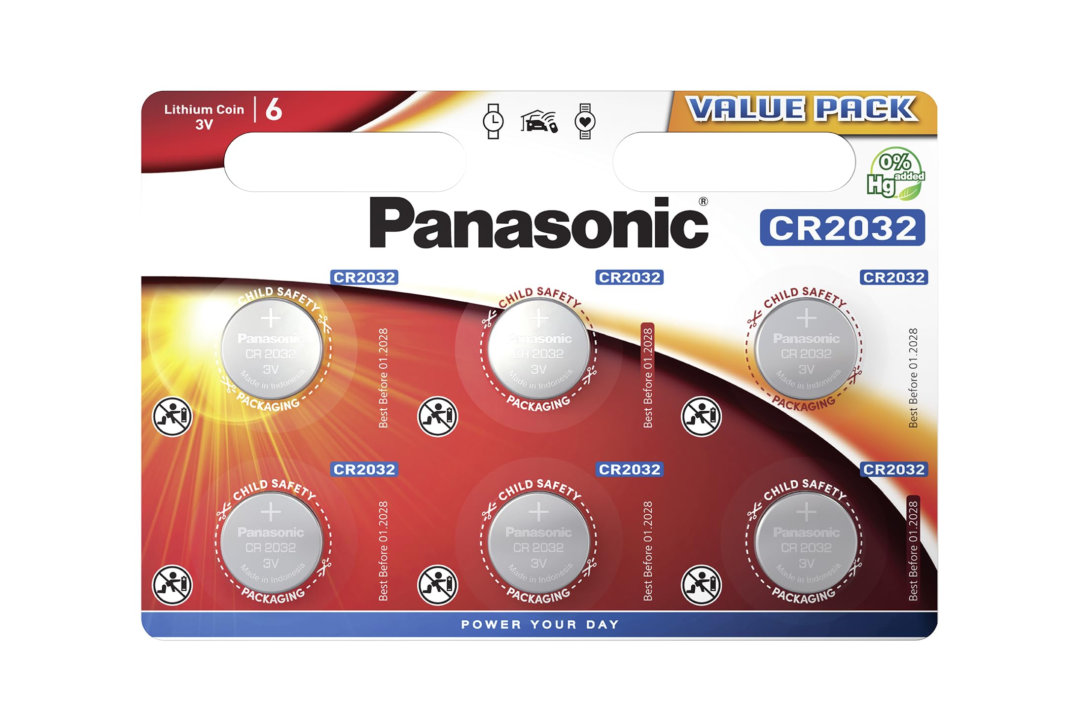 Panasonic CR2032 Lithium 3 Volt Battery card of 6