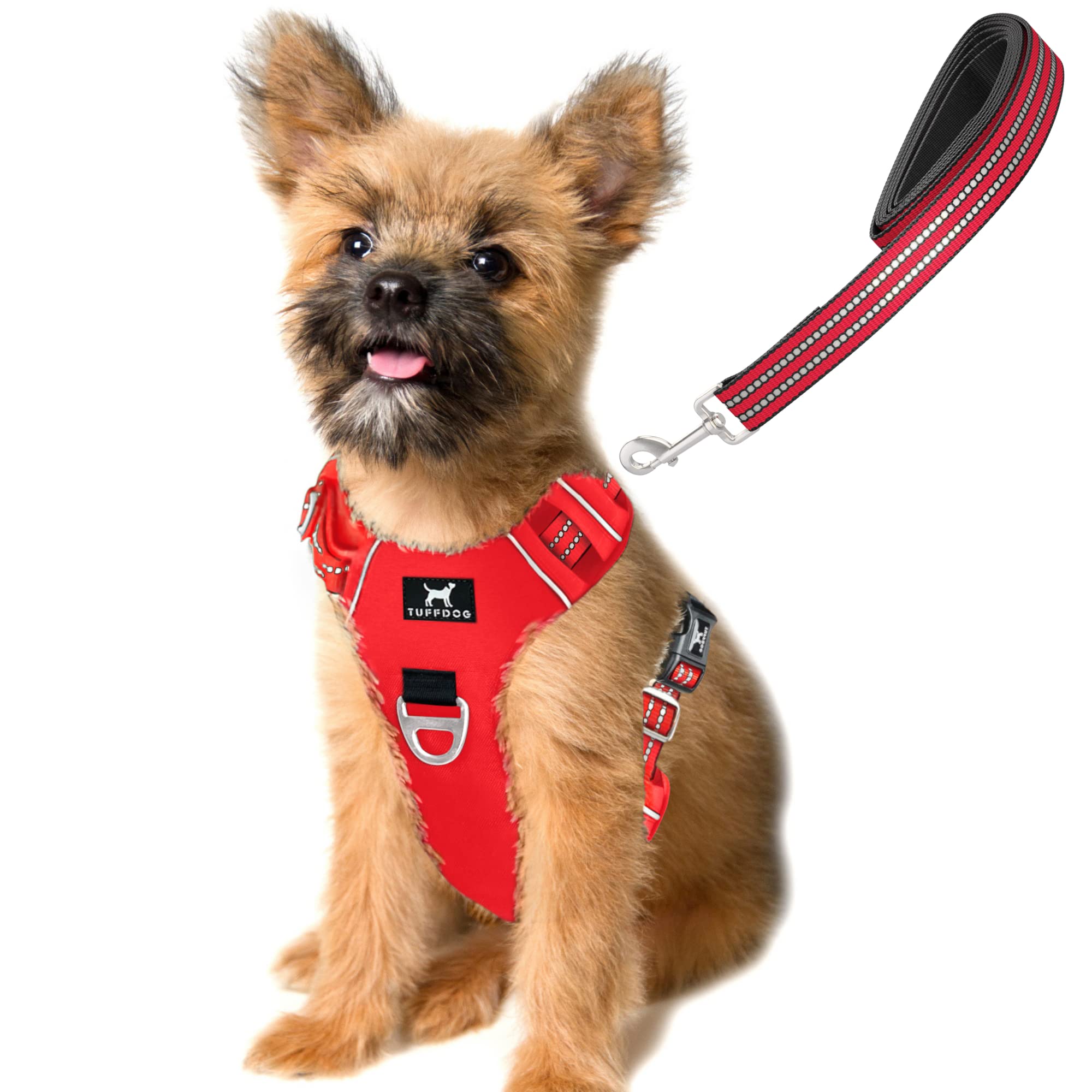 TUFFDOG Easy-Fit Dog Harness Small - Fast Release Neck Clip, Premium Padded Reflective No Pull Harness with Control Handle, Adjustable Step-in Dog Vest Plus Free Matching Lead (S, Poppy Red)