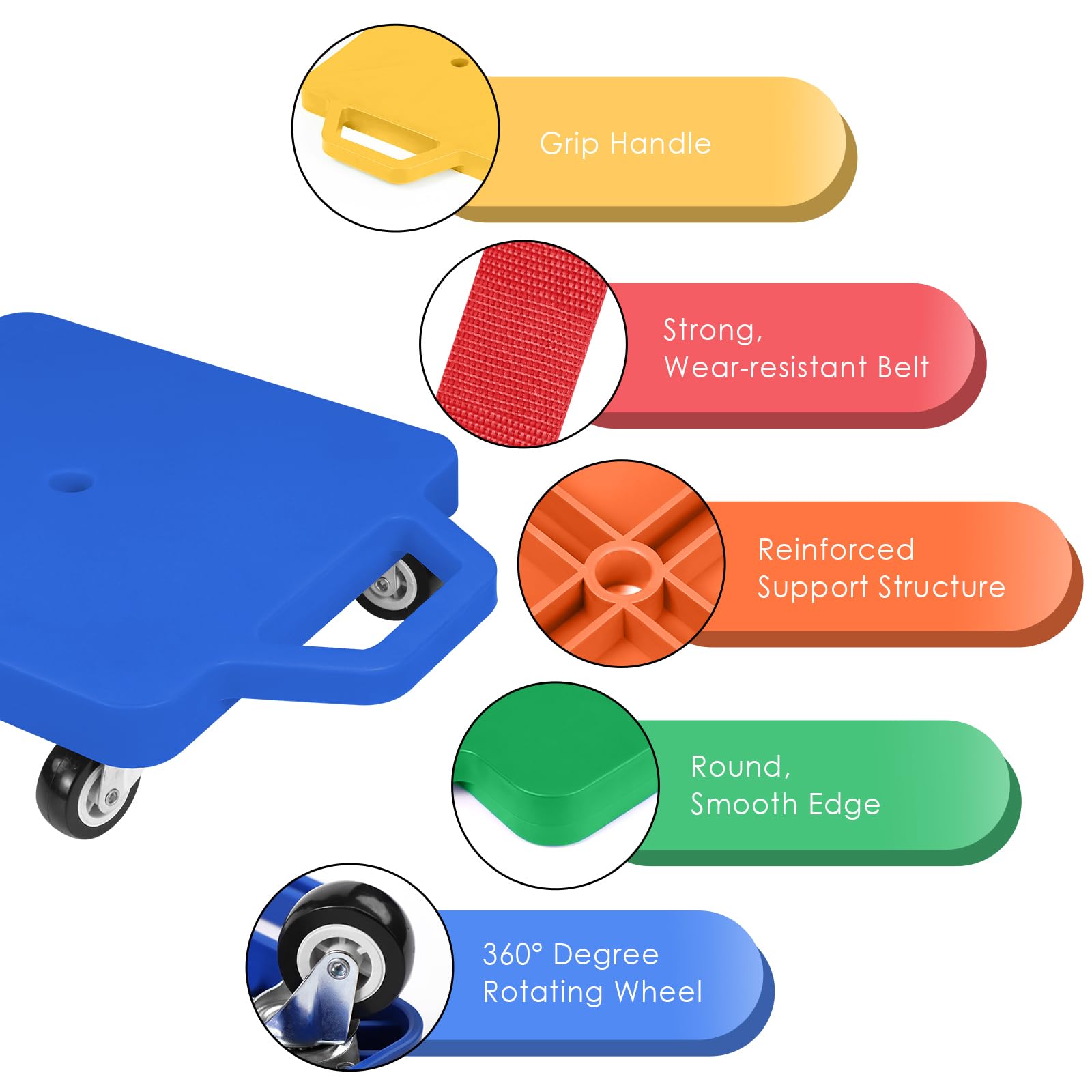 4 Scooter Boards with Handles for Kids Sitting, Floor Scooters Gym Scooters Set with Ropes for School Gym Activities and Indoor Outdoor Play