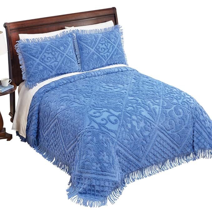 Collections Etc Lattice Chenille Fringe Border Lightweight Bedspread, Royal Blue