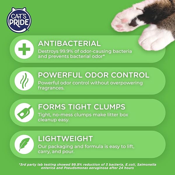 CAT’S PRIDE NEW ANTIBACTERIAL CAT LITTER: DESTROYS 99.9% OF ODOR-CAUSING BACTERIA – POWERFUL ODOR CONTROL – PREMIUM LIGHTWEIGHT CLUMPING LITTER – SCENTED, 18 POUNDS