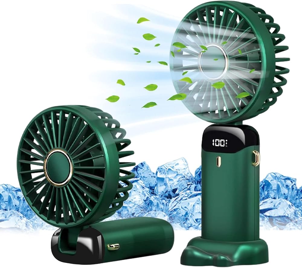 Jsdoin Hand Held Fan USB Rechargeable 5 Speeds with LED Display Green