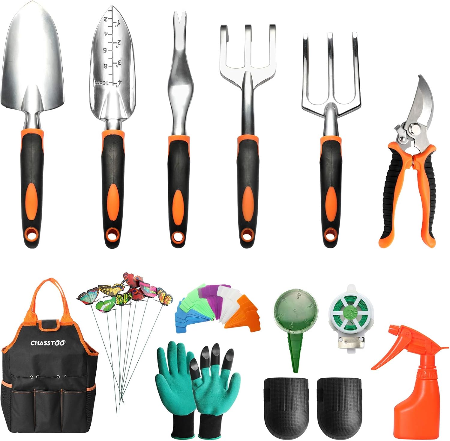 CHASSTOO Gartenwerkzeug Set, 14-teiliges Gartengeräte Set aus Aluminiumlegierung, Rostfrei Garten Tool Set mit Aufbewahrungstasche, Knieschoner Gartenschere Gartenhandschuhen Garten-Sprüher, Orange