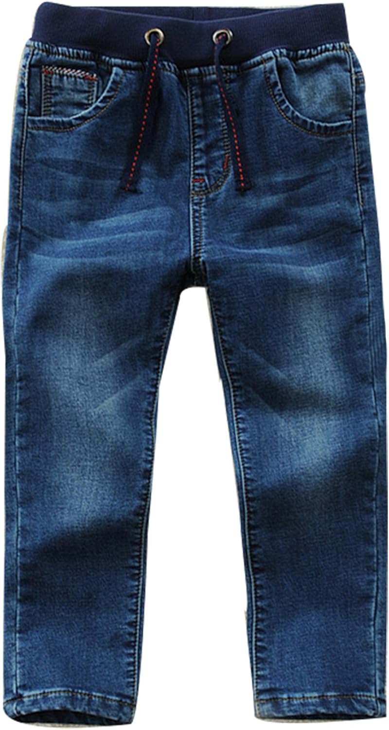 Toddler Kid Boy Elastic Mid Waist Washed Full Length Straight Pants Denim Jeans: Clothing