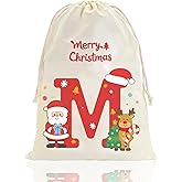 Fohufo 12 x 16 Inch Christmas Santa Sack, Personalized Monogram Letter Bag with Drawstring, Large Reusable Cotton Santa Bag for Gifts, Christmas Party Supplies, Small M