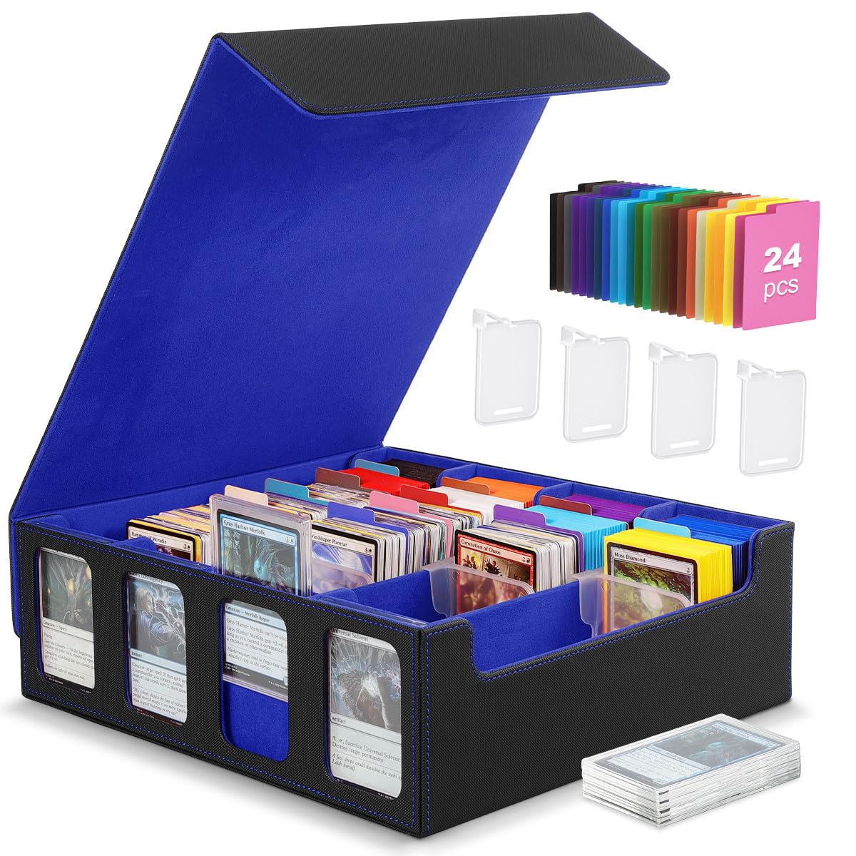 MoKo Card Storage Box - 3000+ MTG Deck Box with Display Window & Colorful Dividers, Fits Magic Game Cards, YuGiOh, Blue Black