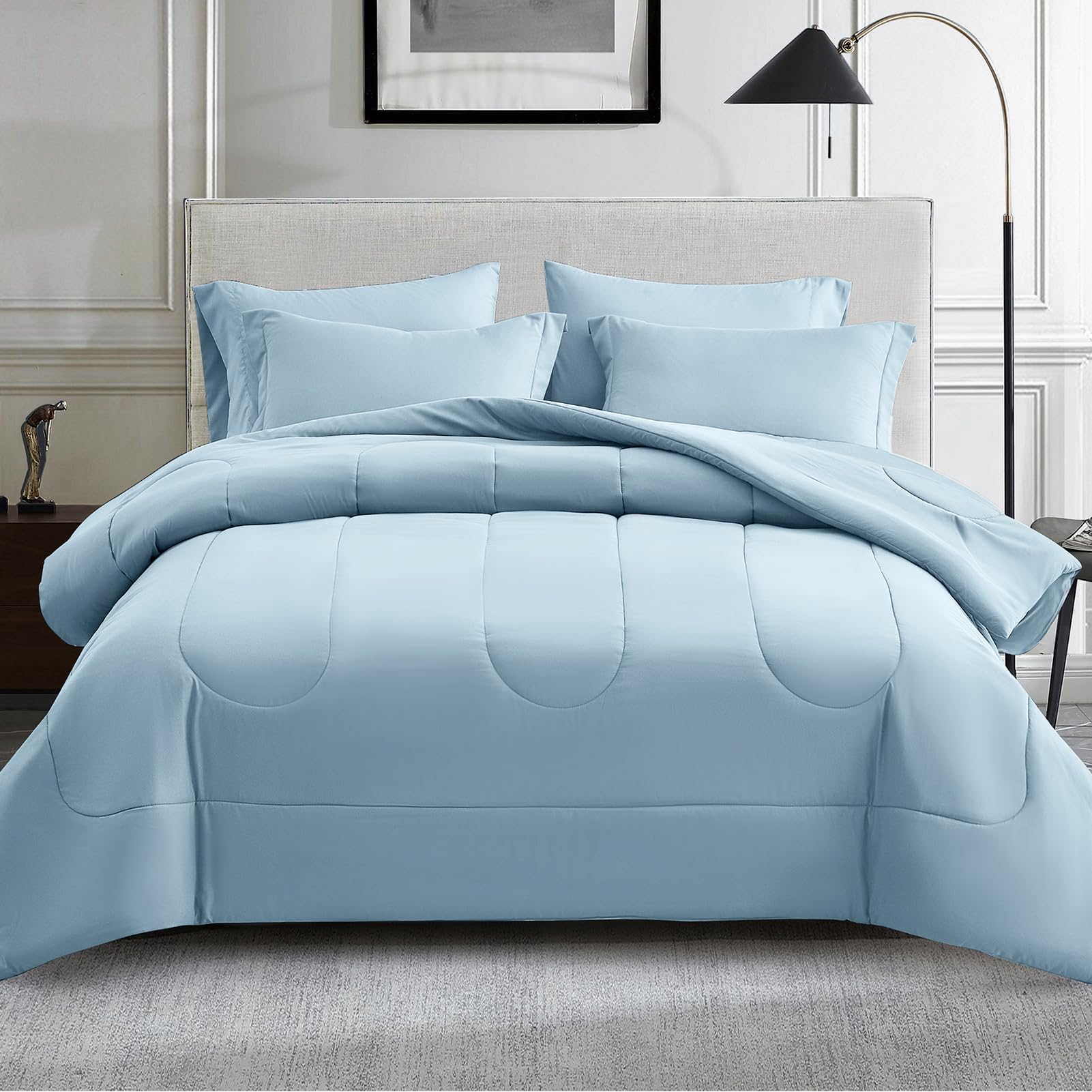 Photo 1 of Maple&Stone Light Blue Comforter Set Queen 7 Pieces Bed in a Bag - Down Alternative Bed Set with Comforter, Sheets, Pillowcases & Shams, All Season Lightweight Bedding Set, Light Blue