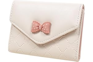 SUMGOGO Womens Girls Wallet Cute Bowknot Trifold Wallet Leather Purse Small Slim Short Wallet Cash Card Holder Bag (Beige)