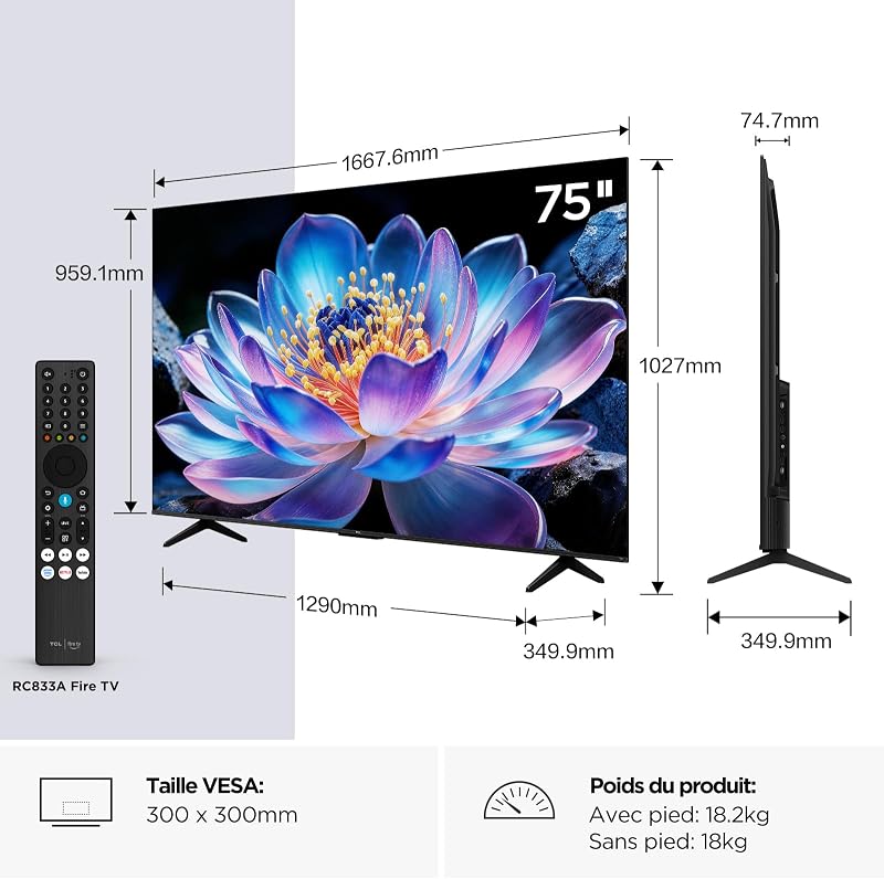 75V6D 75 Pouces 4K HDR, Fire TV, HDR10+, Dolby Atmos, DTS:X, Game Master, Motion Clarity, AirPlay 2, Press & Ask Alexa