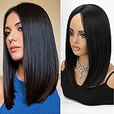 XC CLOUDS Black Bob Wigs Glueless Straight Wigs For Women Synthetic Heat Resistant Fiber Hair long bob wig Middle Part Natural Bob Wigs medium length wigs for women 16inch(Black)