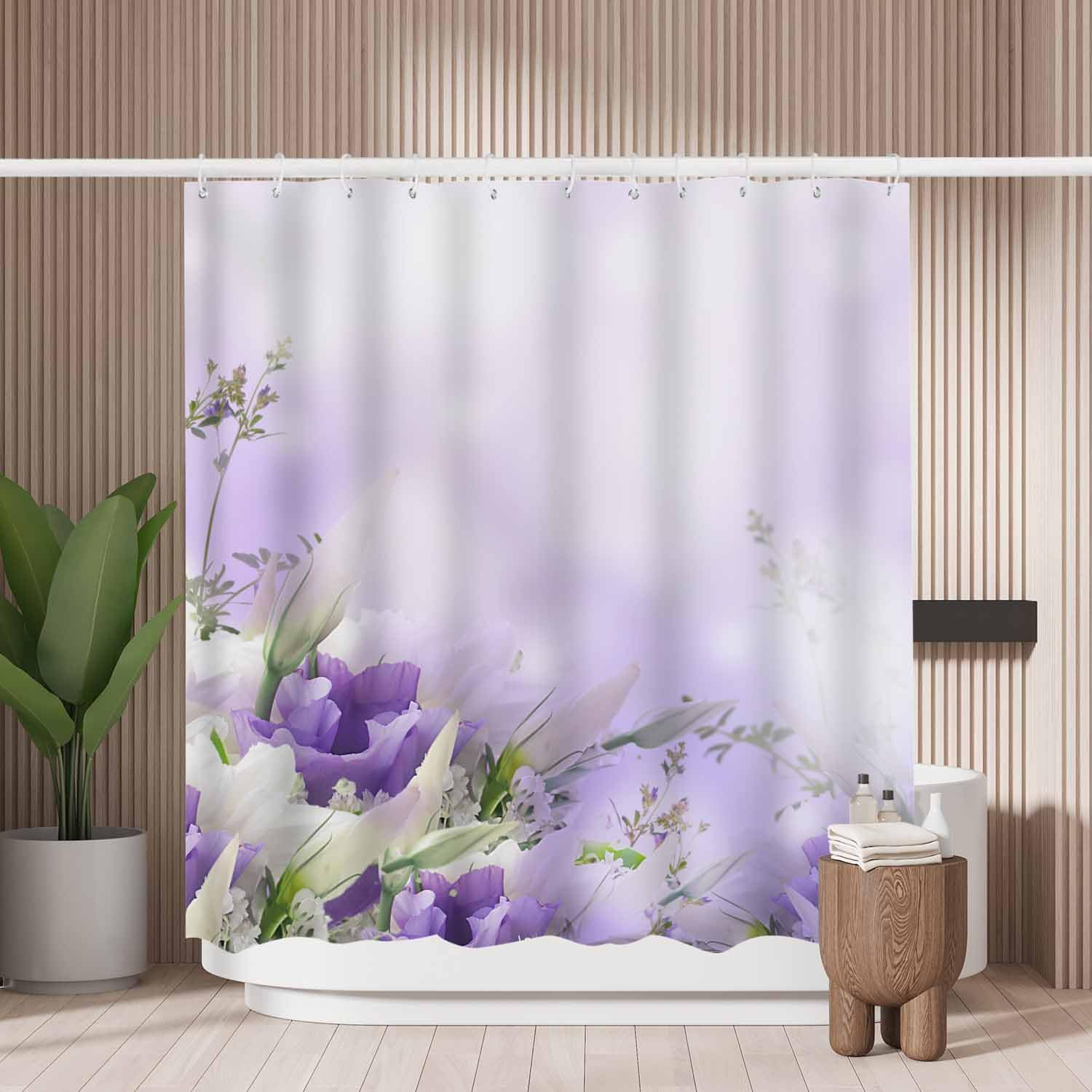 Woutay Shower Curtain Mould Proof Resistant Purple Flower,Water Repellant Fabric,Polyester,with 12 Plastic Hooks