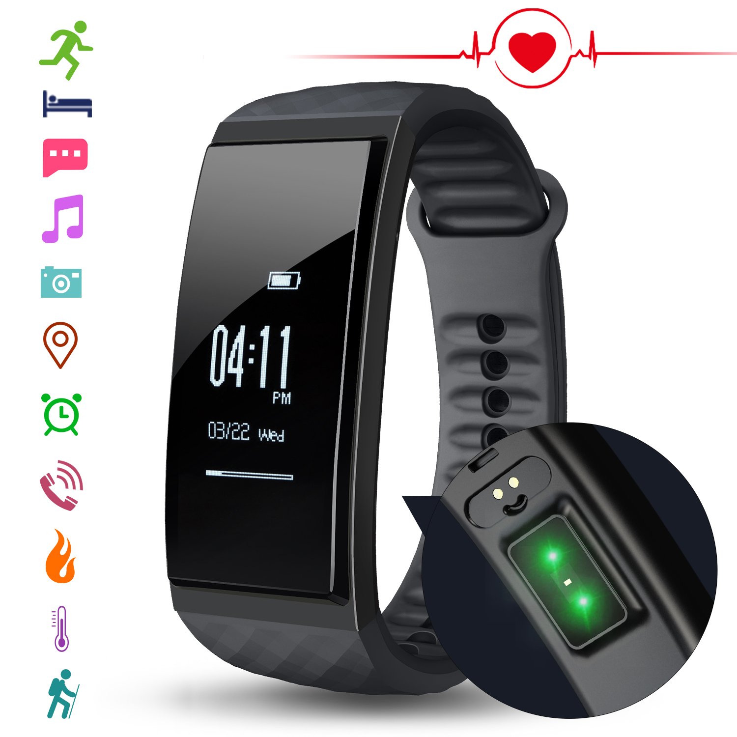 CUBOT S1 Unisex Fitness Armband mit Pulsmesser, Armband zur Herzfrequenz, Pulsuhr Aktivitätstracker, Wasserdicht IP65 - Schrittzähler, SMS, Anrufe, Trinken Wasser und Soziale Software Reminder, Kalorienzähler, Kamera-Fernbedienung, Musiksteuerung, Wecker, Stoppuhr, Fitnessaufzeichnung, Temperatur, Höhenlage, Schlafmonitor kompatibel mit iOS 8.0 oder höher und Android 4.3 oder höher (Standby-Zeit für 5-7 Wochentage)