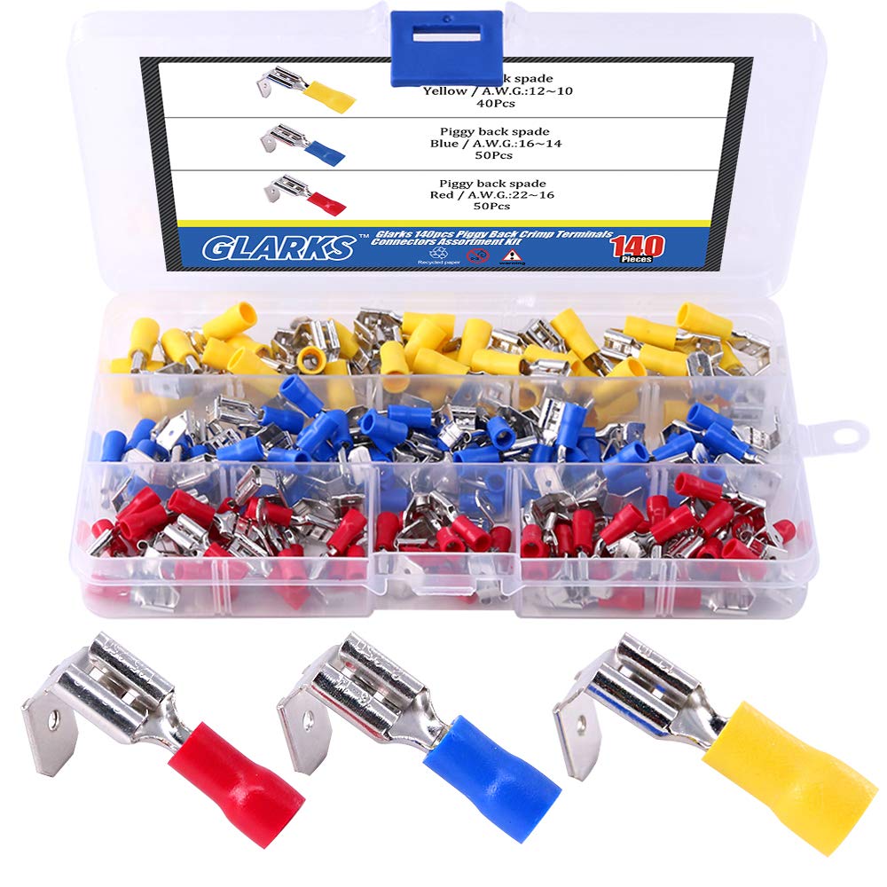Glarks 140pcs 22-16/16-14/12-10 Gauge Semi-Insulated Piggy Back Spade Quick Splice Crimp Terminals Connectors Assortment Kit