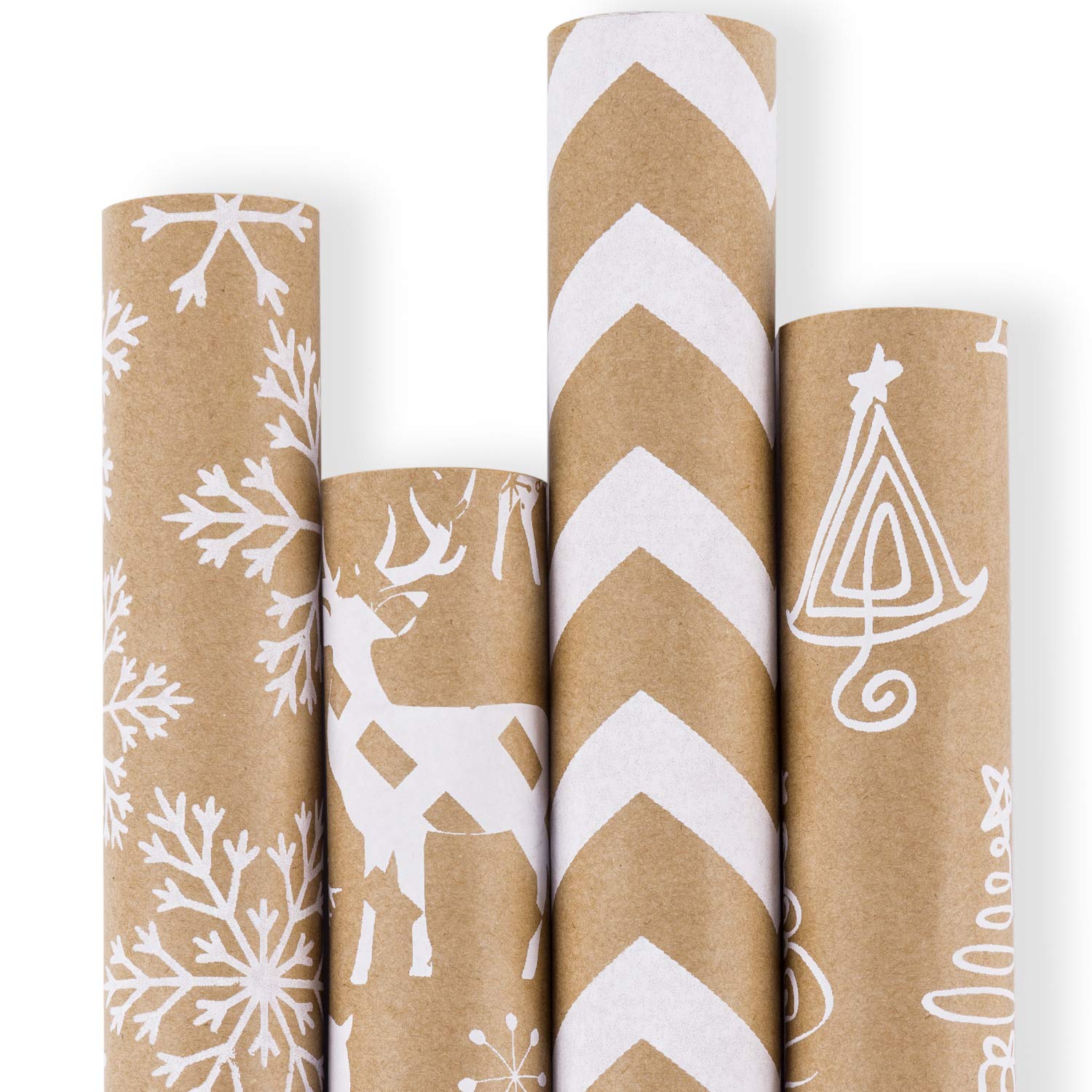 RUSPEPA Christmas Wrapping paper Roll - Brown Kraft Paper with 3D White Christmas Elements Print Paper - 4 Roll - 76cm X 305cm Per Roll
