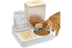 Fhiny Gravity Cat Feeder & Water Dispenser, 2 in 1 Automatic Puppy Waterer Removable Stainless Steel Food Bowls Set Self Feeding Pet Food Storage for Cat Kitten Puppy Easy Clean (Yellow)