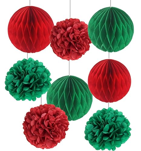 Sunbeauty 8er Set Rot Grün Wabenbälle Pom Poms Weihnahcten