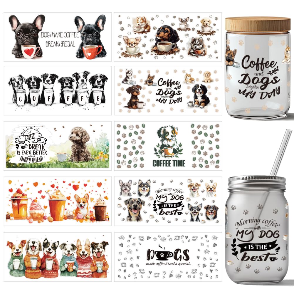 Arricraft 10 Pcs Cute Dog UV DTF Transfer Sticker, 10 Styles Cartoon Transfer Paper Rub on Stickers PVC Cup Wrap Waterproof Rub Decals for Cup Glass 24x11cm/9.4x4.3in
