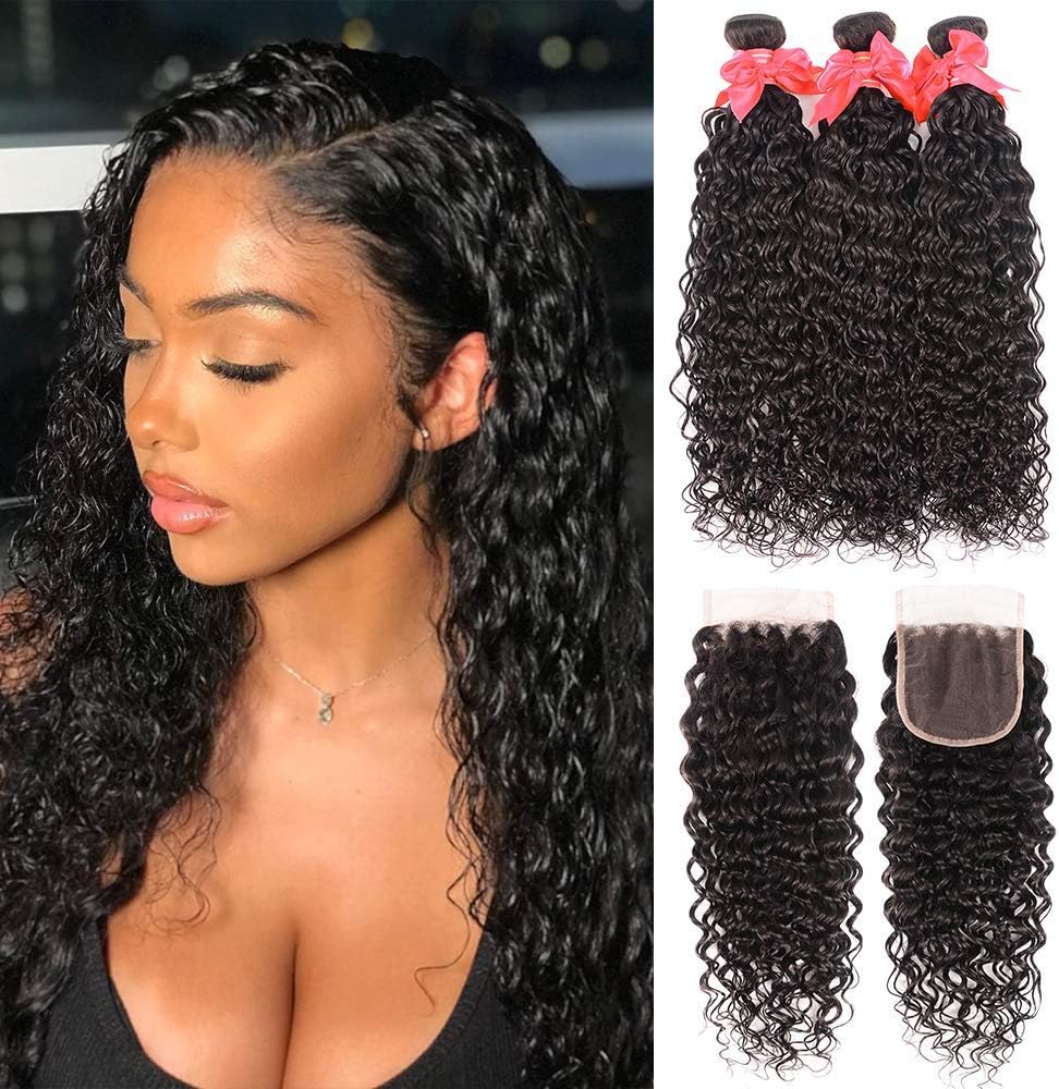 Brazilian Water Wave Bundles with Closure (8 10 12+8) 100% Virgin Human hair 3 Bundles with Closure Free Part Unprocessed Wet and Wavy Curly Wave Water Human Hair Extensions