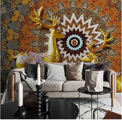 Amazon 壁飾り3d 壁画 壁紙リビングルームベッドルーム Hd 金色の縁起の良い鹿 ビジュアルアート 写真 撮影 テレビ リビングルームソファ背景壁家の装飾 140x100cm 壁紙