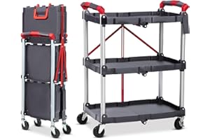 SUNNYFURN Versatile 3-Tier Collapsible Service Cart with Lockable Wheels – Heavy-Duty Utility Cart for Kitchen, Office, Salon, AV Equipment & More