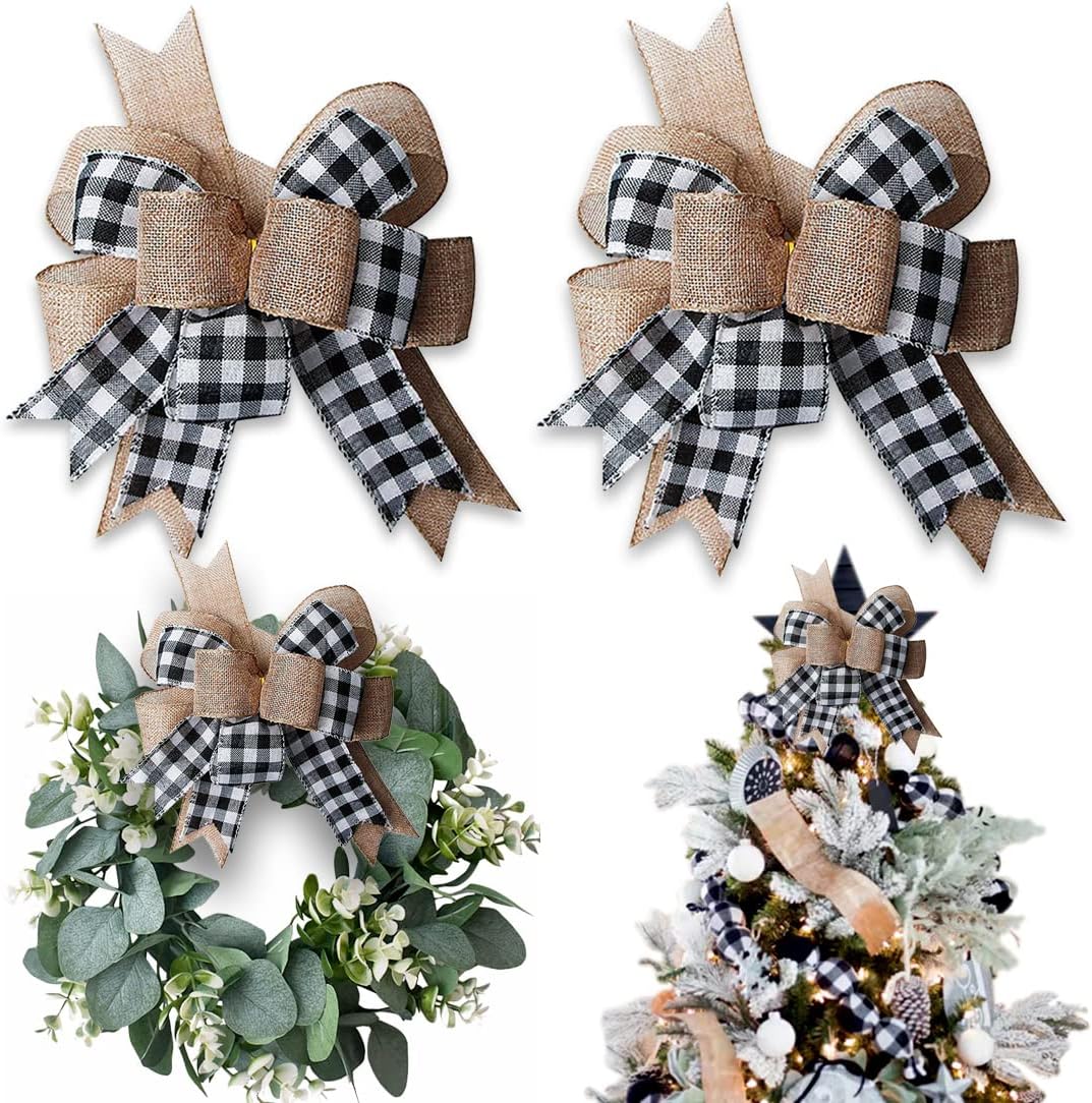 Bows & Ribbons - Hongsome Buffalo Plaid Burlap Bows for Wreath 2 Pack,12”x9.4”Large Rustic Farmhouse Decor Tree Topper Check Bow Decorations for Fall Wedding Holiday Party Wall Home Front Door Decorative(Black&White)