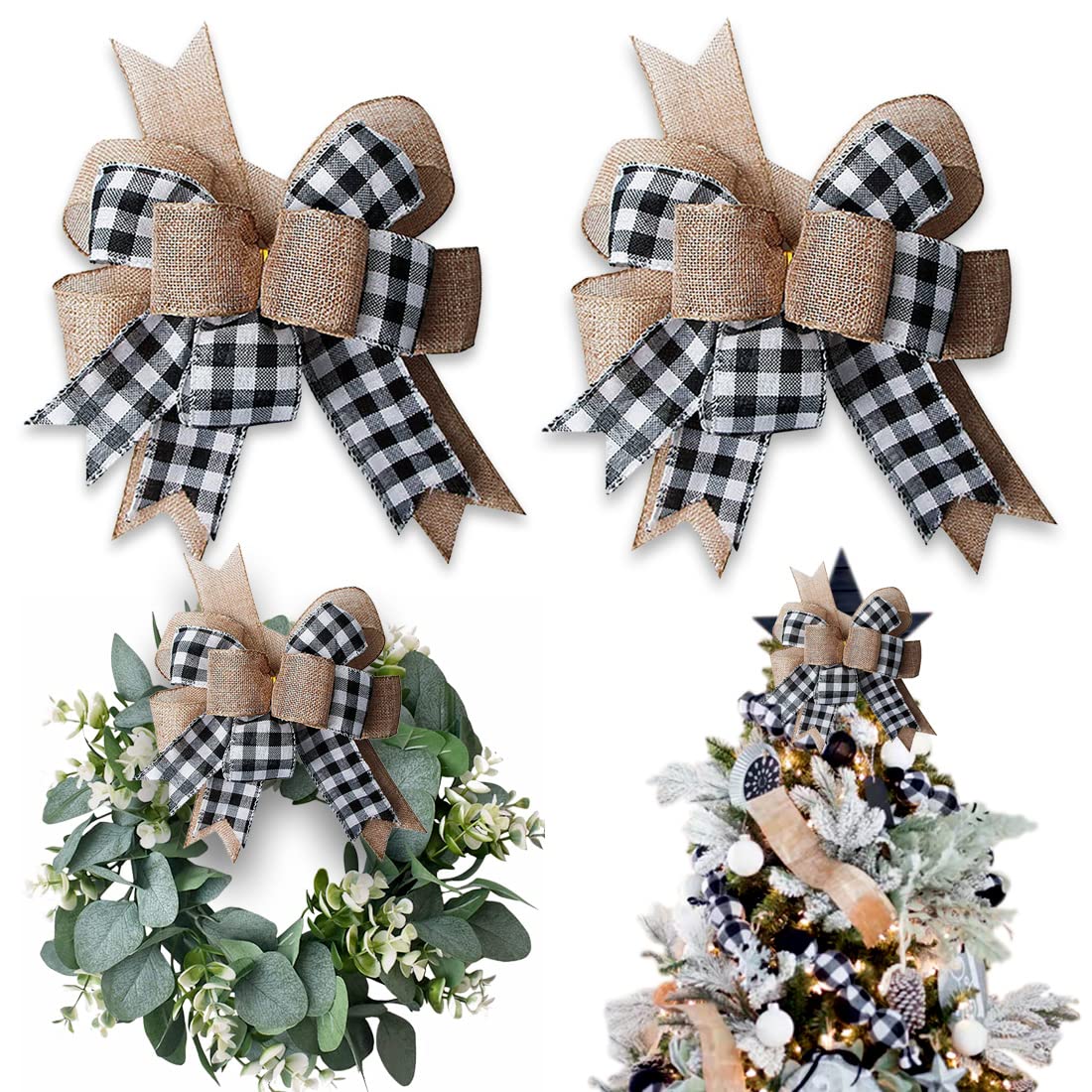 Photo 1 of Hongsome Buffalo Plaid Burlap Bows for Wreath 2 Pack,12”x9.4”Large Rustic Farmhouse Decor Tree Topper Check Bow Decorations for Fall Wedding Holiday Party Wall Home Front Door Decorative(Black&White)