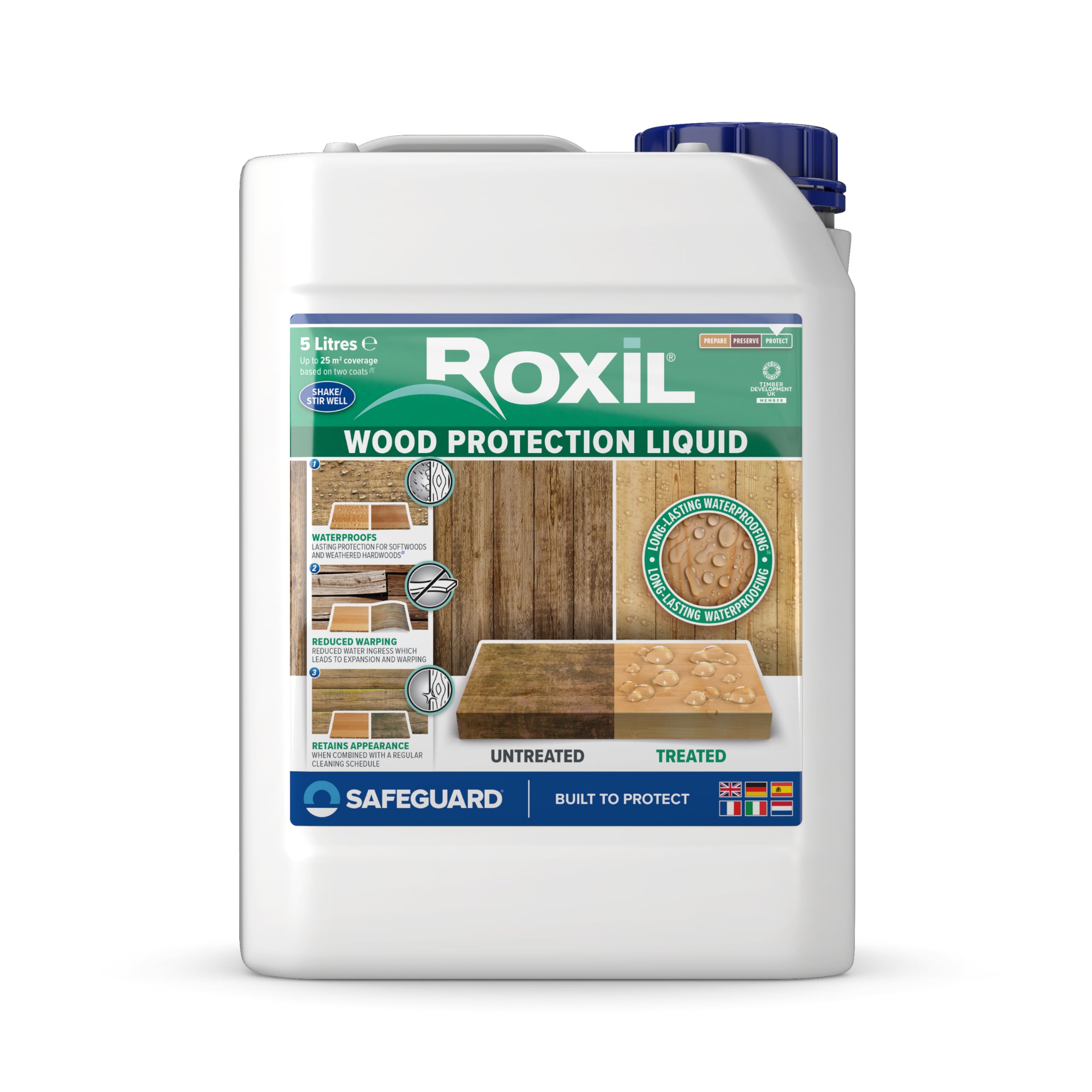 Roxil Wood Waterproofing Liquid (5L Clear) Wood Preserver Outdoor, Wood Sealer for decking, Fence, Sheds and Furniture