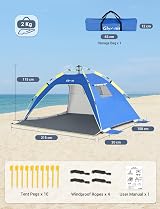 Glymnis Pop Up Beach Tent 3-4 Person Instant UV Protection 2 Doors view 3