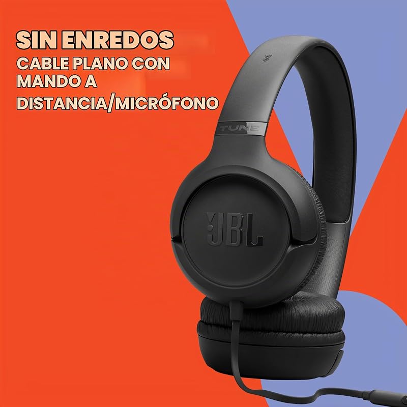 Auscultadores Tune 530 com fio, ajuste confortável, microfone, som JBL Pure Bass, predefinições de equalização, design dobrável e cabo sem emaranhados, preto