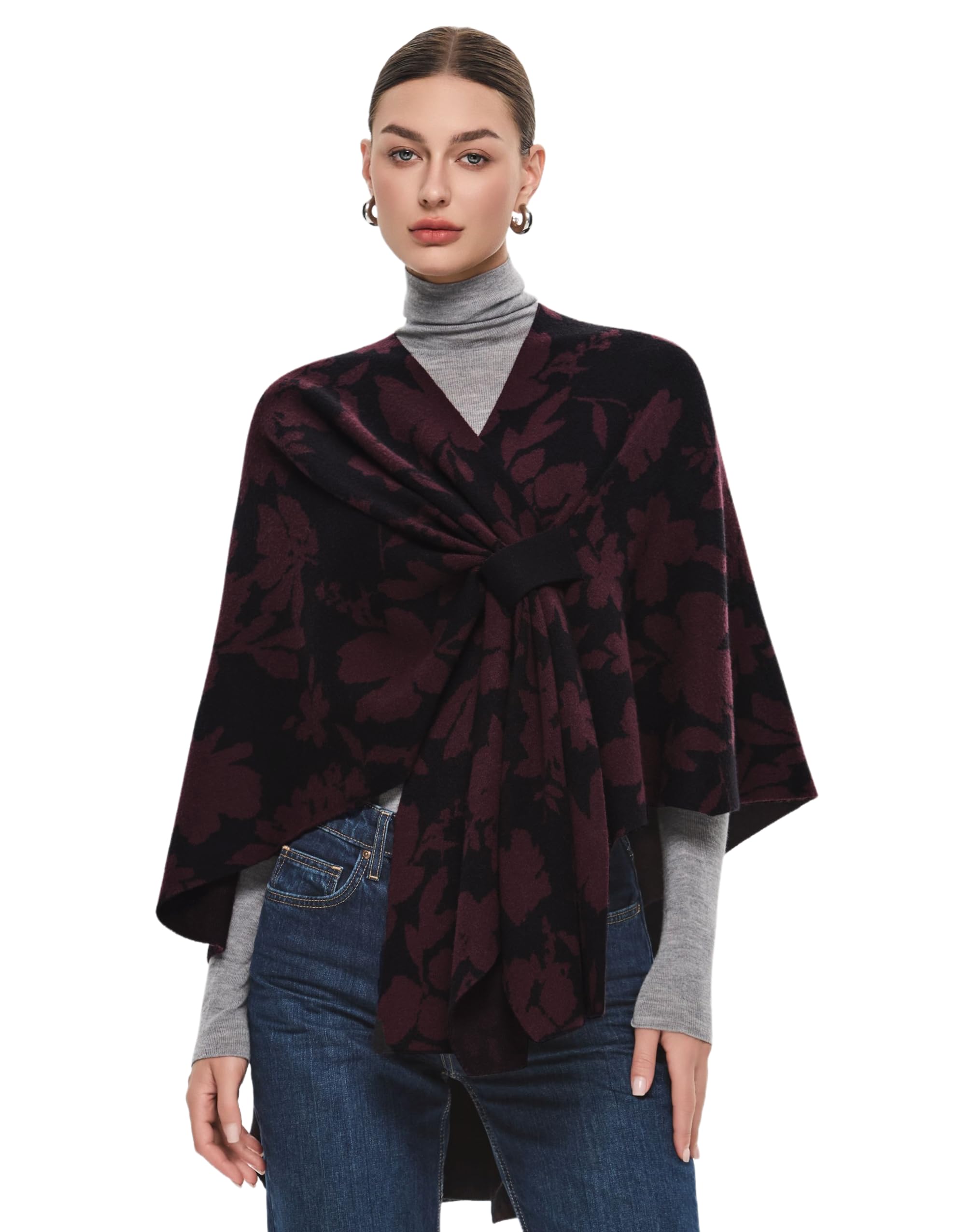 PULI Women's Floral Shawl Wraps Poncho Ruana Cape Open Front Cardigan Sweater Evening Dress for Fall Winter Black Image
