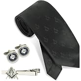Masonic Freemason Square &amp; Compass Handcrafted Woven Tie, Cufflinks and Tie Bar Clip &ndash; Premium silver and Black Accessories for Brothers