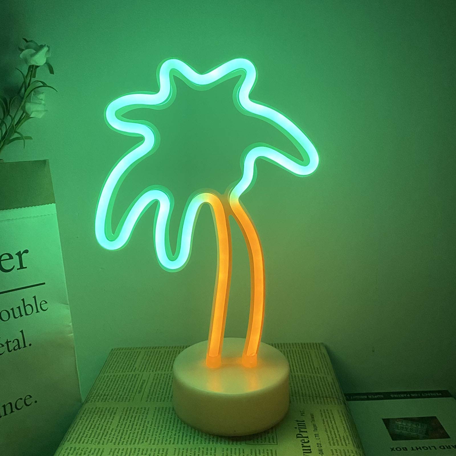 ENUOLI Palm Tree Neon Sign with Base - Battery/USB Operated LED Lamp for Table Decor - Night Light for Kids Room, Birthday, Wedding, Party