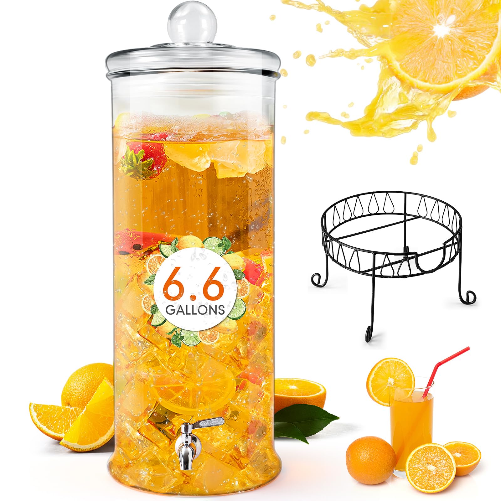 Photo 1 of **************LID IS SMASHED*************
Honeydak 1 Pack 6.6 Gallon Glass Beverage Dispenser with Stand and Spigot Leakproof Glass Drink Beverage Storage for Parties Mason Jar Dispenser with Lids