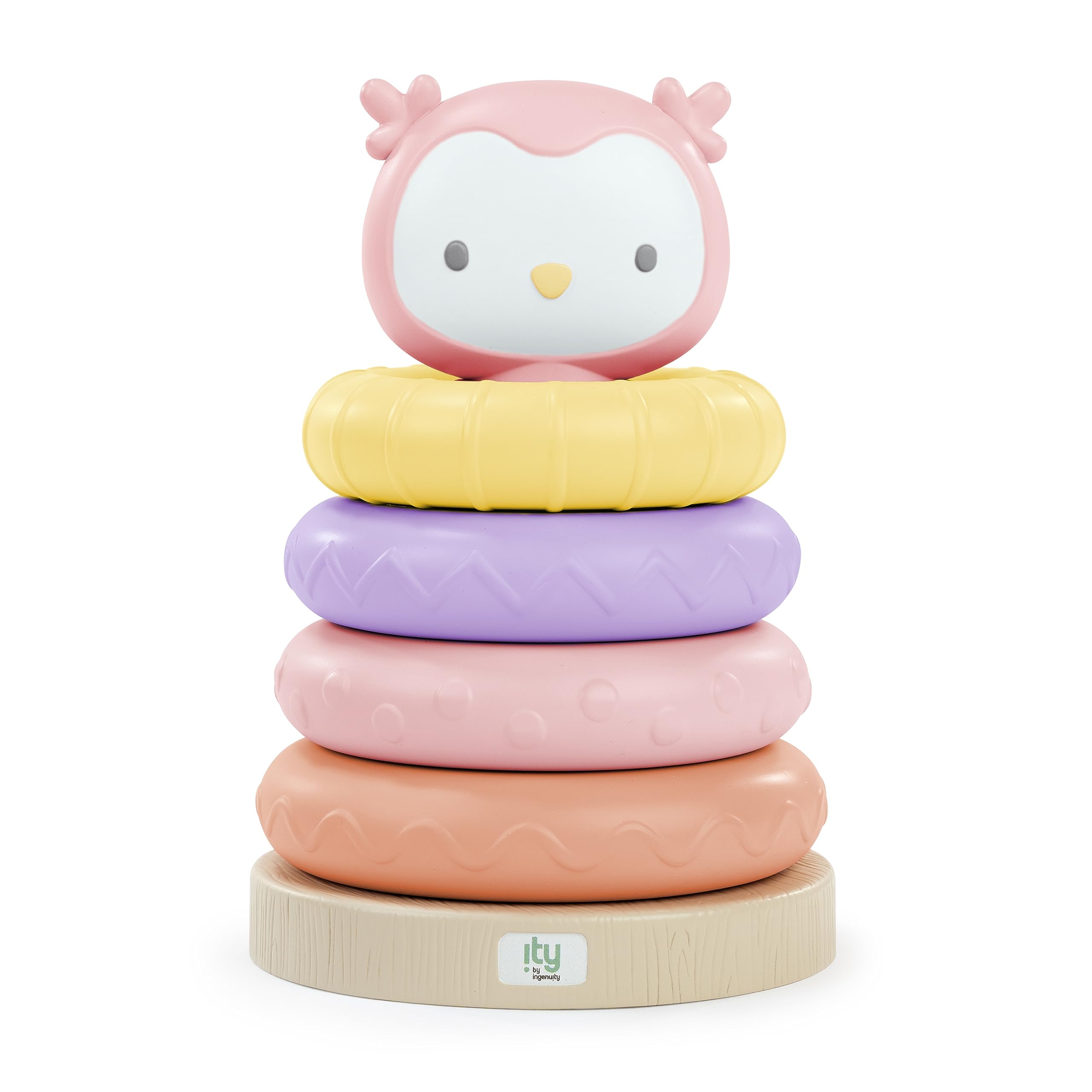 Ingenuity: ity, Cutie Stacks, 4 BPA-Free Rings, Faux Wood Stand, Owl Topper, Unisex, For Ages 6 Months and Up - Nally