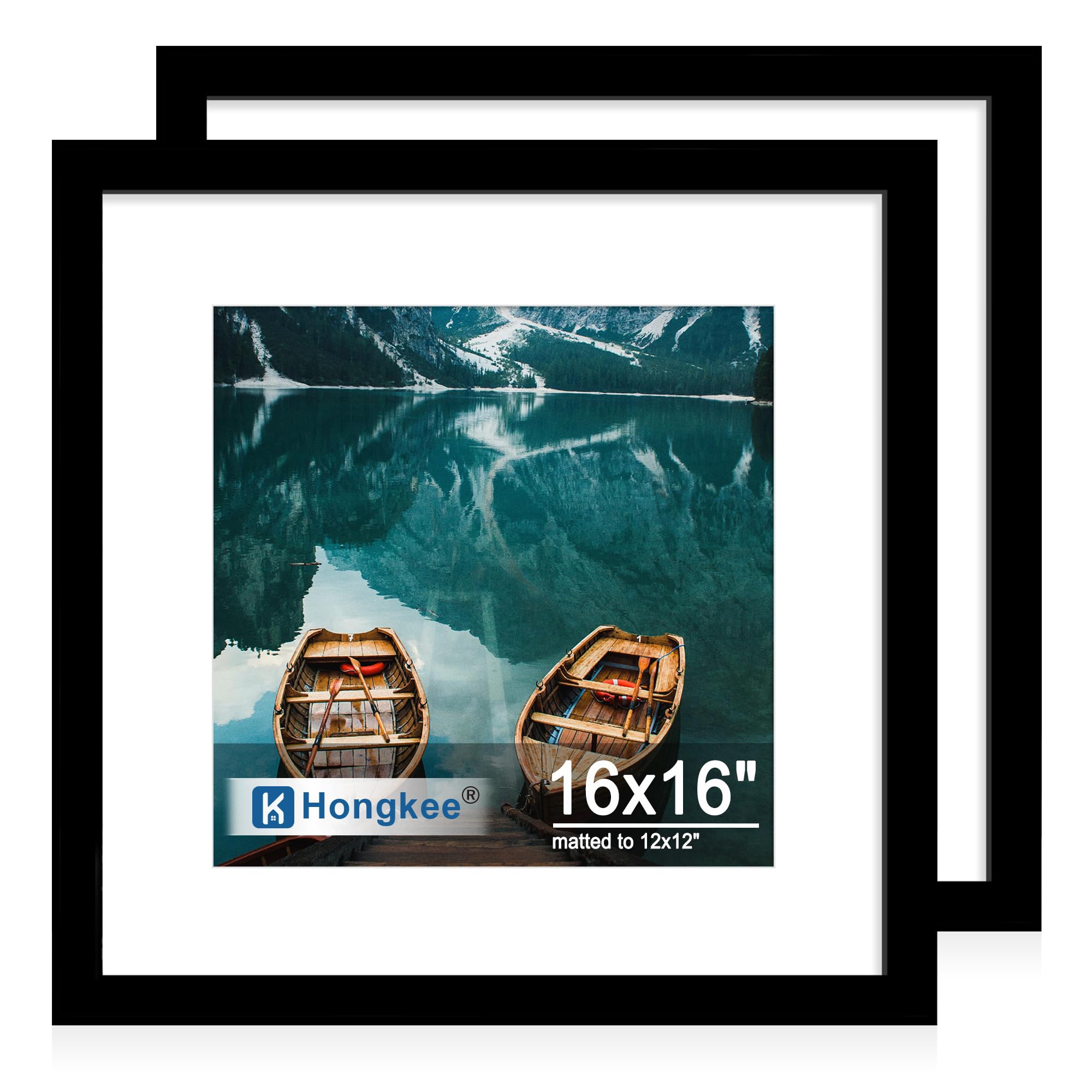 Hongkee 16x16 Frame Set of 2, Black Wood Style - Display Square 12 x 2 with Mat or 16x16 without Mat, Wall Mounting Horizontal and Vertical Image