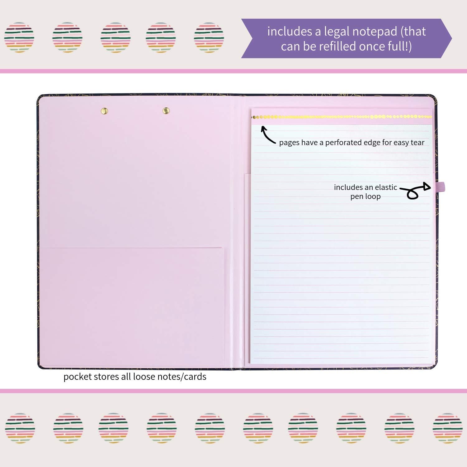 Steel Mill & Co Cute Clipboard Folio with Refillable Lined Notepad and Interior Storage Pocket, Padfolio for Work Navy Floral - Image 4