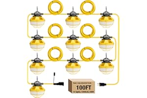 G GJIA 100FT Construction String Lights with Protective Cage, IP65 Waterproof LED String Work Lights, 5000K Daylight 18AWG Wire Linkable Temporary Construction Lights for Jobsite with 10 Bulbs & Hooks