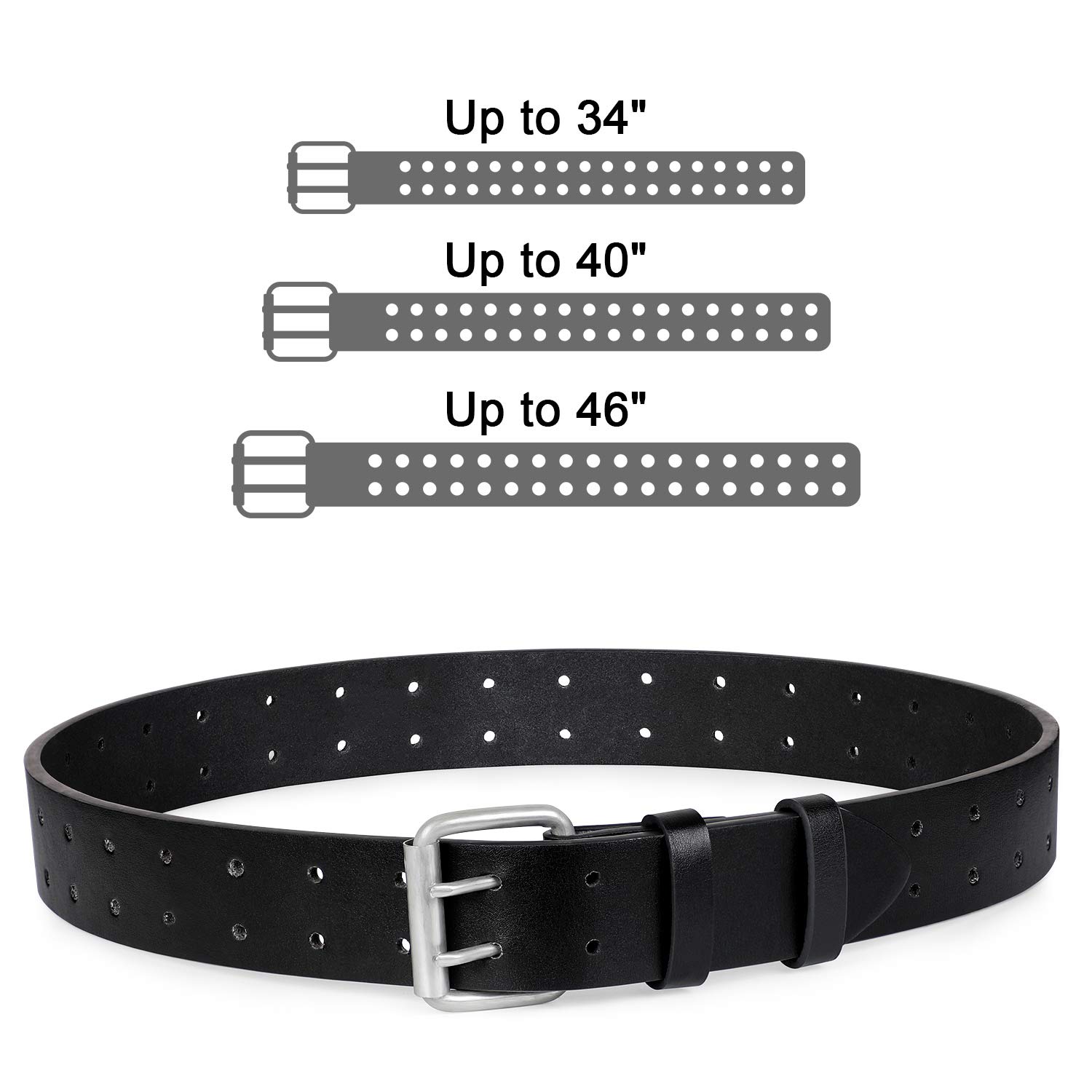 Double Prong Leather Belt Heavy Duty Belt for men, Double Grommet Holes Belt for Pants, Black, Suit for Pant Size Up to 34\