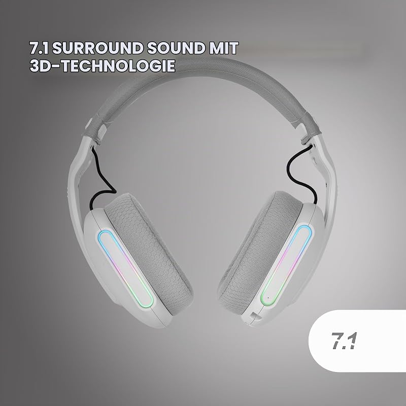 MHW-PRO, Kabelloses Gaming-Headset ARGB Flow, 3D Surround Sound 7.1, Bluetooth 5.3 + 2.4GHz + 3,5-mm-Klinke, Ultraleichtes Ergonomisches Design, Duales Mikrofon, Multiplattform, Weiß