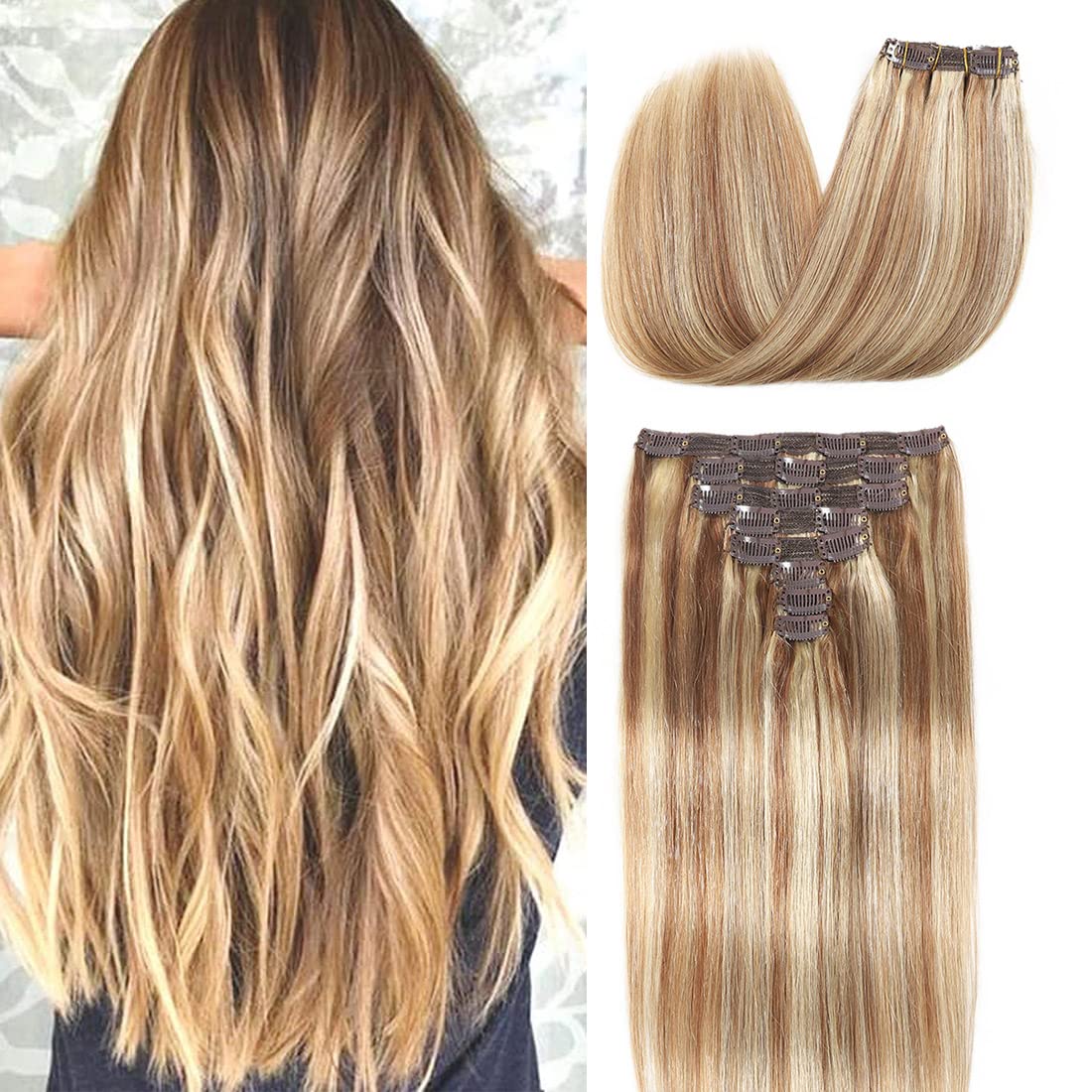 Clip in Hair Extensions Real Human Hair 8 Pieces Straight Real Remy Human Hair Full Head Human Hair Extensions Clip in Double Weft Real Remy Hair (#12/613 Golden Brown Mix Bleach Blonde, 20 Inch) — image 1